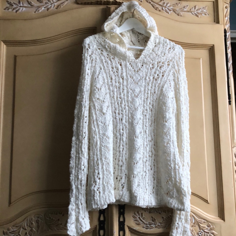 Anthropologie Cream Sweater with hoodie ,Chunky Knit and Relaxed Fit